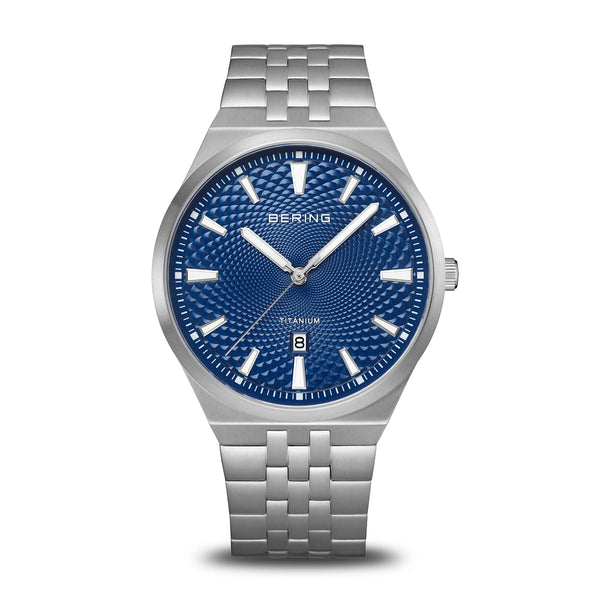 Bering Titanium Herreur 41 mm børstet grå blå - 16141-707, frontvisning, titanium, blå urskive