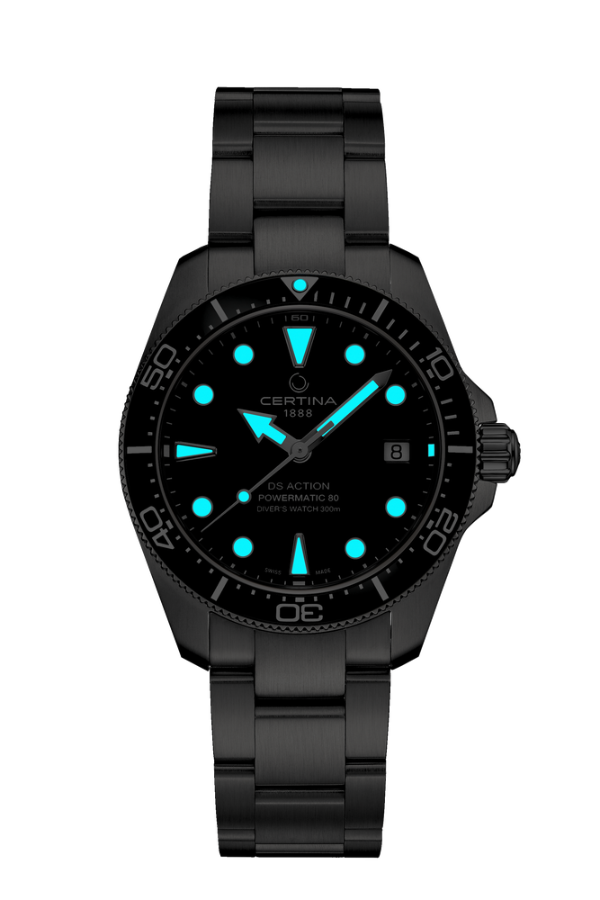 Certina DS Action Diver 38 mm Powermatic 80 C048.807.11.051.00 unisex dykkerur med sort urskive, 316L rustfri stålkasse, stållænke, keramisk lynette, safirglas, Nivachron og 300 meter vandtæthed.