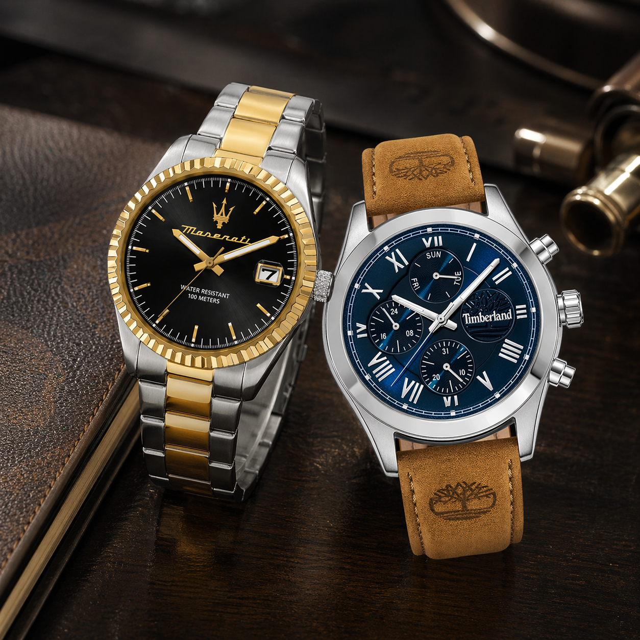 To ure: Maserati i guld og sølv, Timberland med blå urskive.