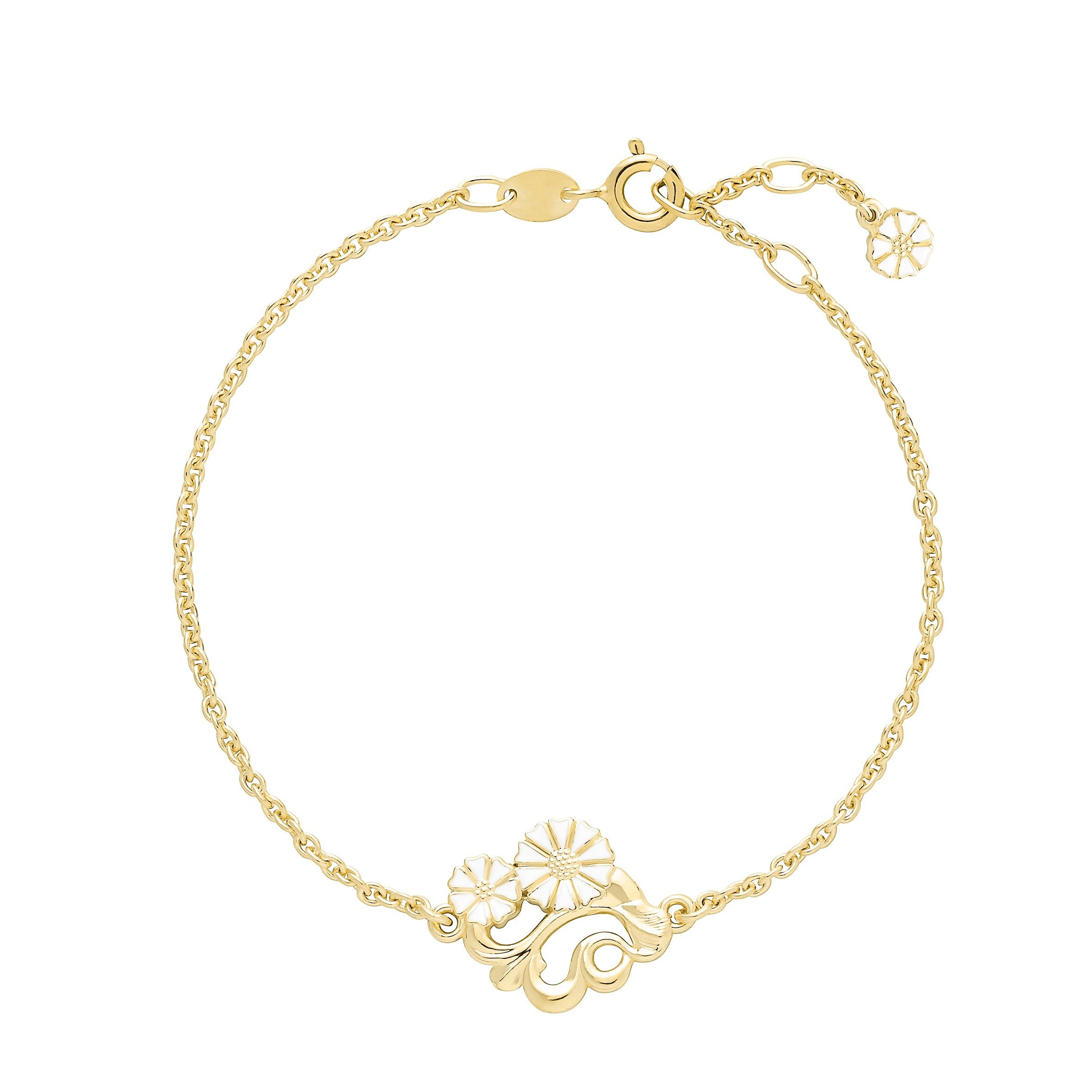 Marguerit armbånd fliligran med 7,5mm + 5mm 24 kt forgyldt hvid emalje 925