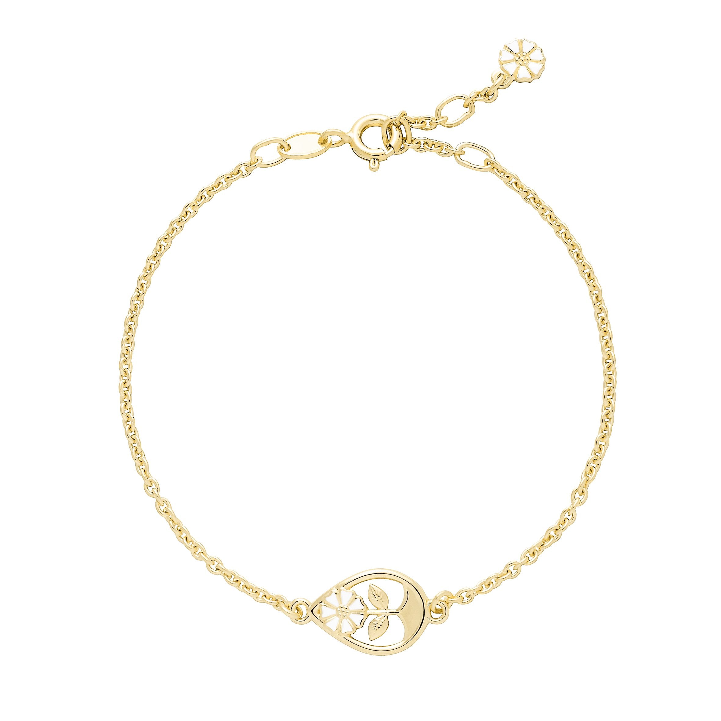 Marguerit armbånd 5mm dråbe blomst 24kt forgyldt hvid emalje 17-18-19cm 925