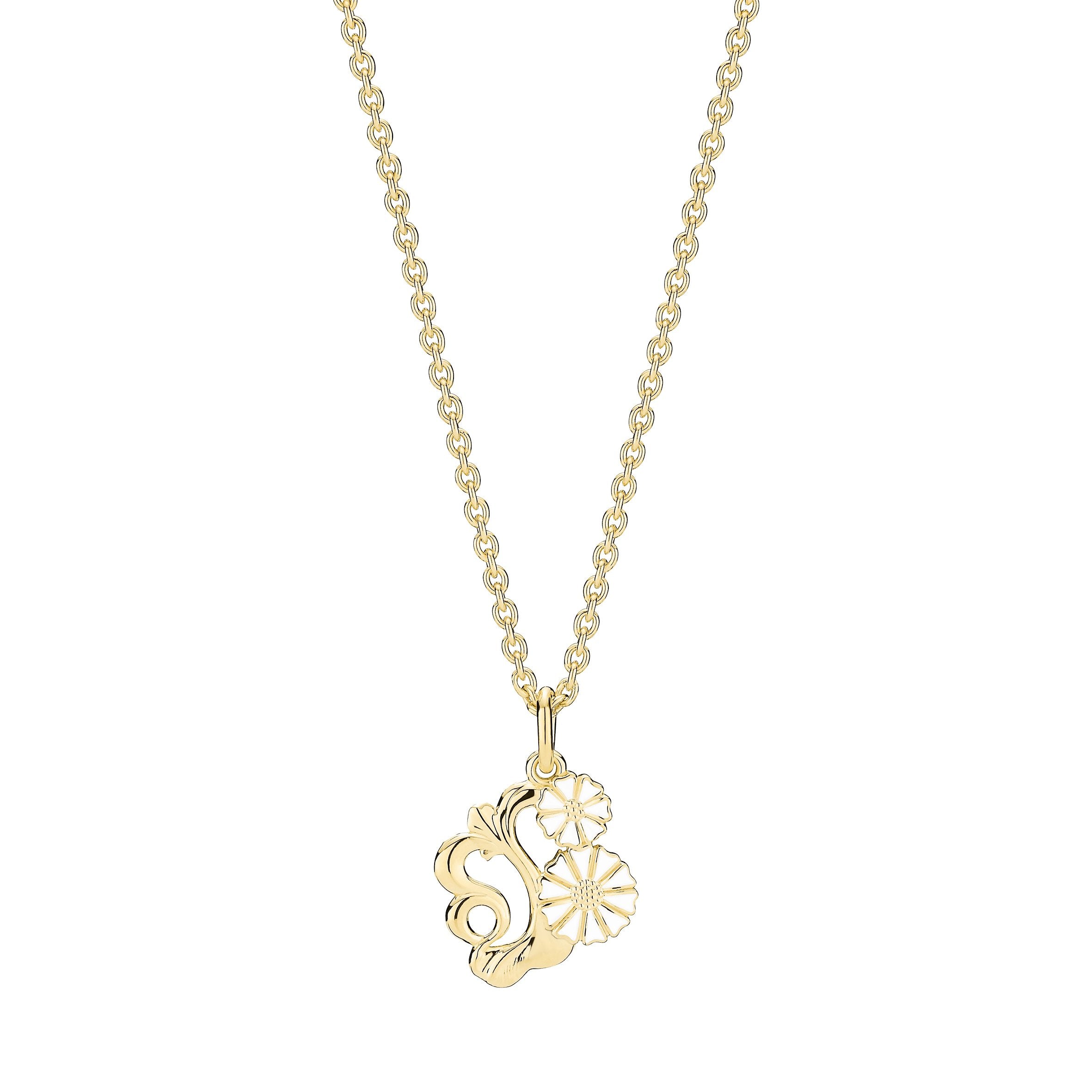 Marguerit collier filigran 7,5+ 5mm 24kt forgyldt hvid emalje 925