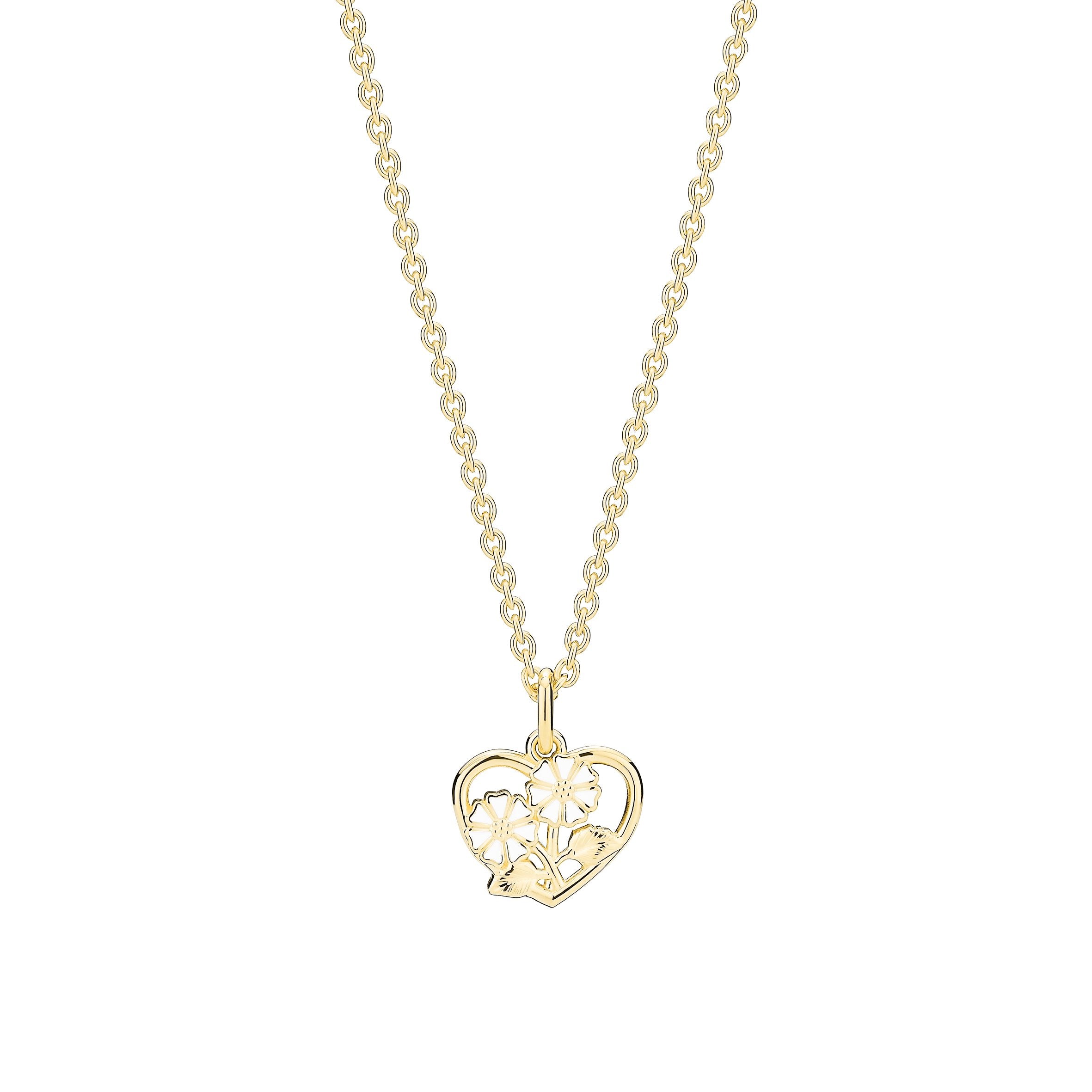 Marguerit collier 2x5mm med hjerte 24kt forgyldt hvid emalje 925