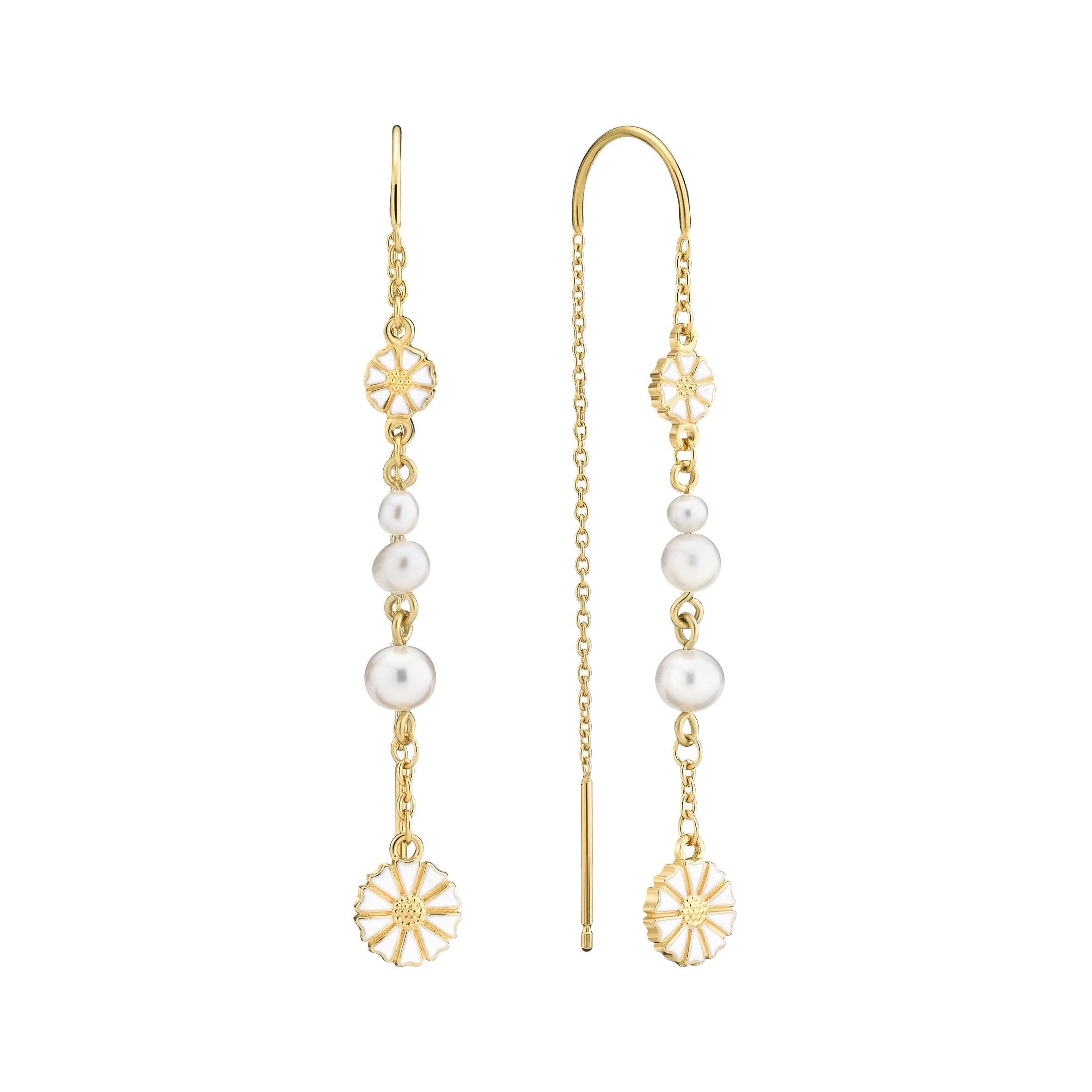 Marguerit ørehænger 1x5mm og 1x7,5mm 3stk ferskvandsperle 24 kt forgyldt hvid emajle 925