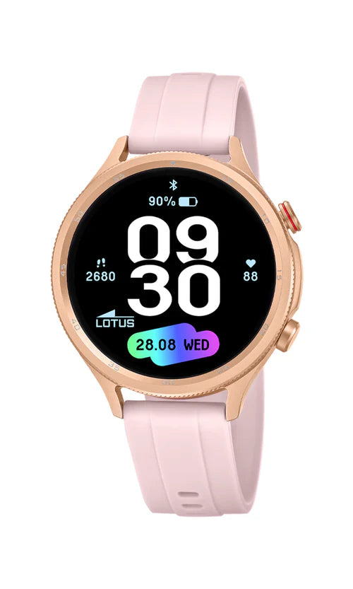 Lotus SmarTime 2nd Gen. 50204/1 smartwatch med rosa rem, digital touchskærm, pulsmåling, opkaldsfunktion og IP65 vandafvisning.