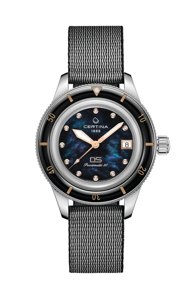 Certina DS PH200M 39mm med sort mesh-rem og sort perlemorsskive – elegant og sporty dameur.
