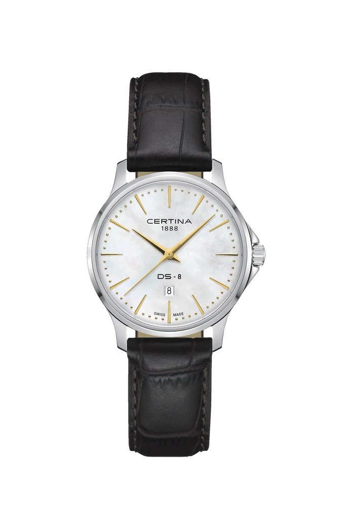 Certina DS-8 Lady 31 mm med perlemor urskive og brun læderrem.