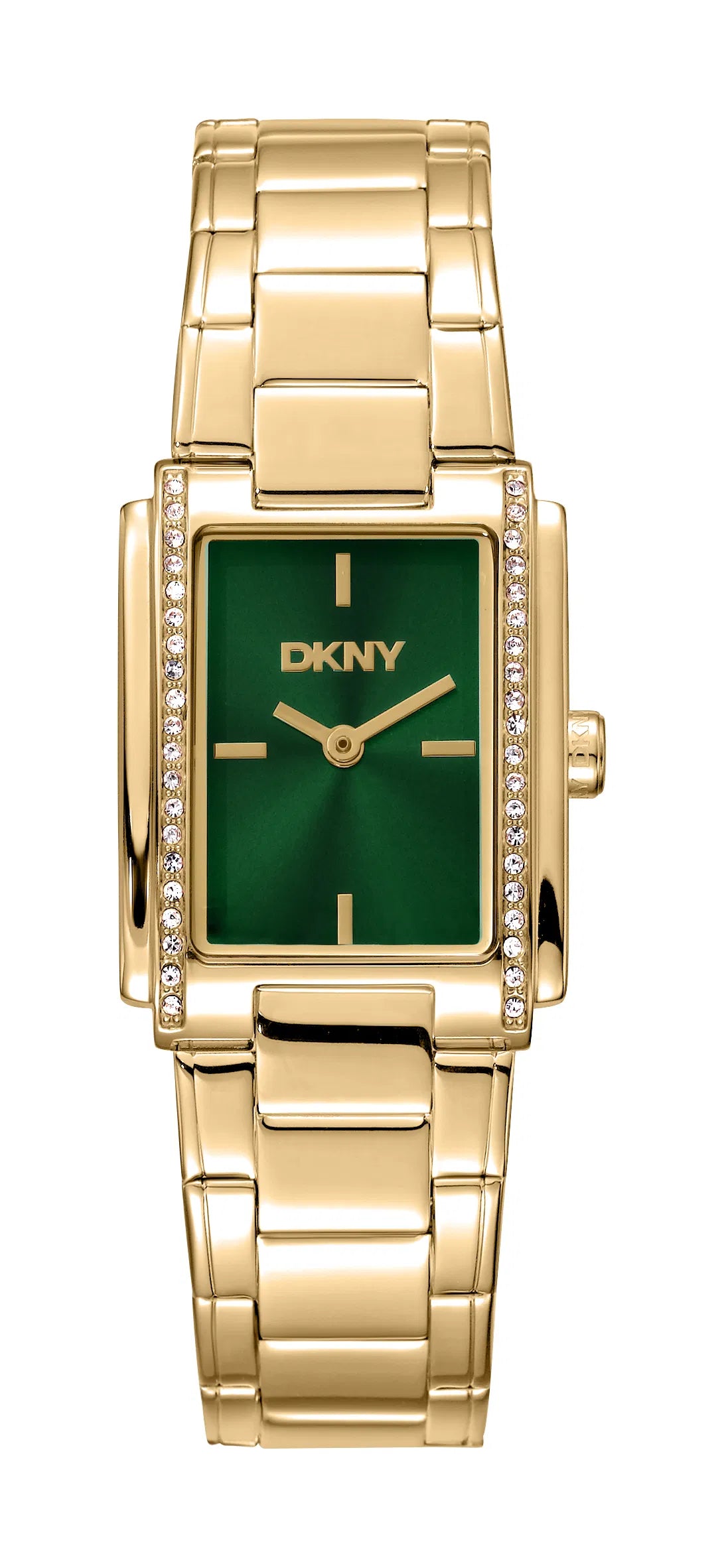 DKNY D. Evening dameur DK1L122M0055 – guldur med grøn urskive, stenbesat krans og elegant, moderne design fra DKNY.