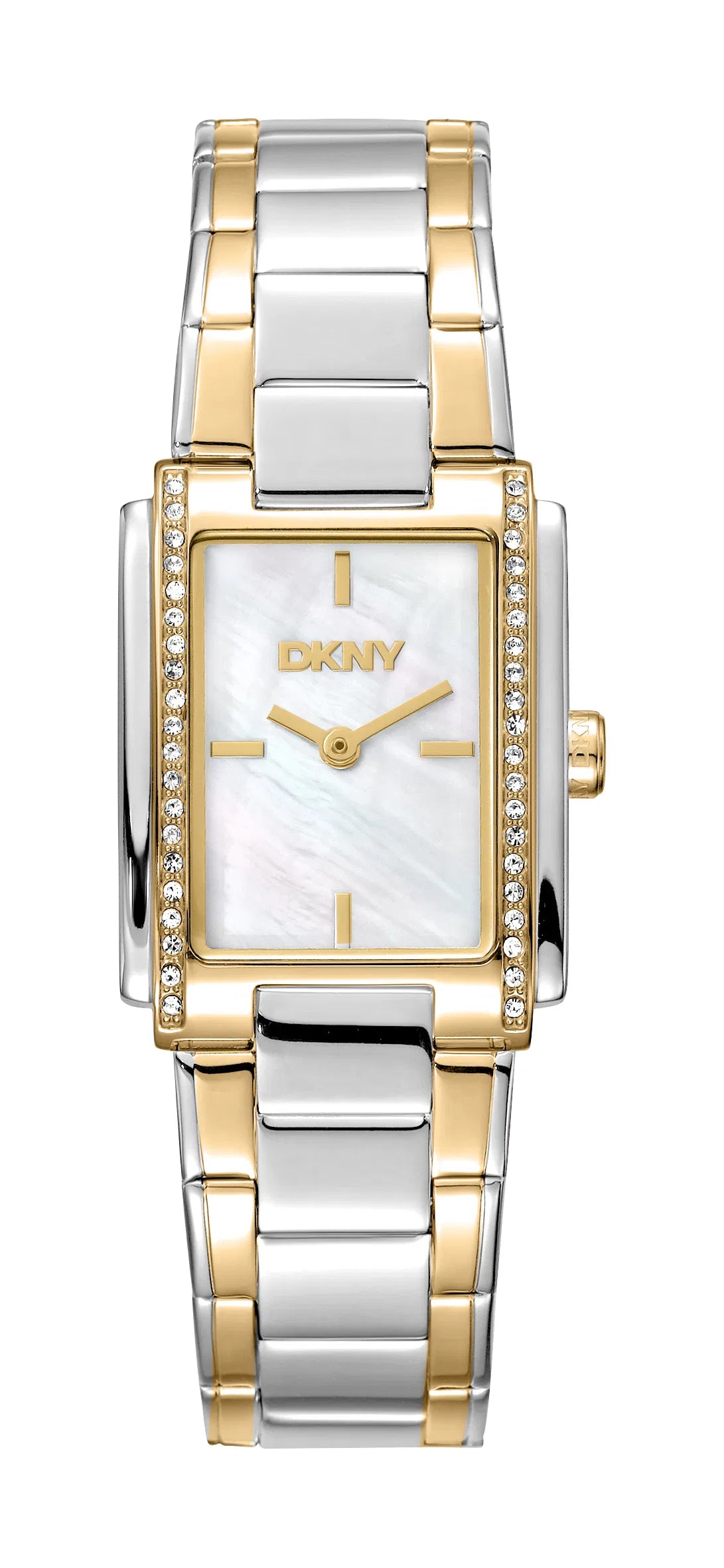 DKNY D. Evening dameur DK1L122M0075 – tofarvet ur med perlemorsskive, stenbesat krans og elegant design i rustfrit stål fra DKNY.