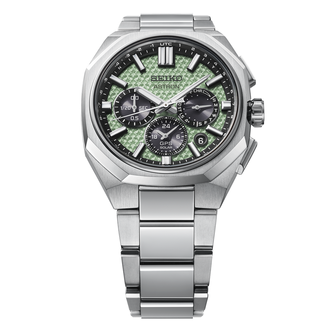 Seiko Astron HAB005J1 herreur på titaniumlænke med grøn struktureret urskive og mørke underskiver.