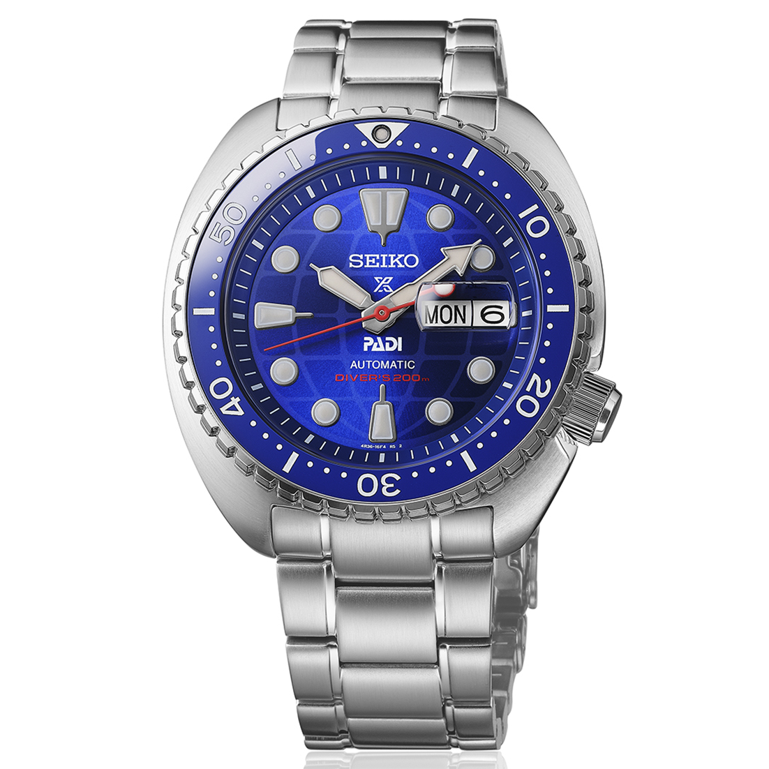 Seiko Prospex HBB002 automatisk PADI limited edition dykkerur på stållænke med blå urskive og 200 meter vandtæthed.