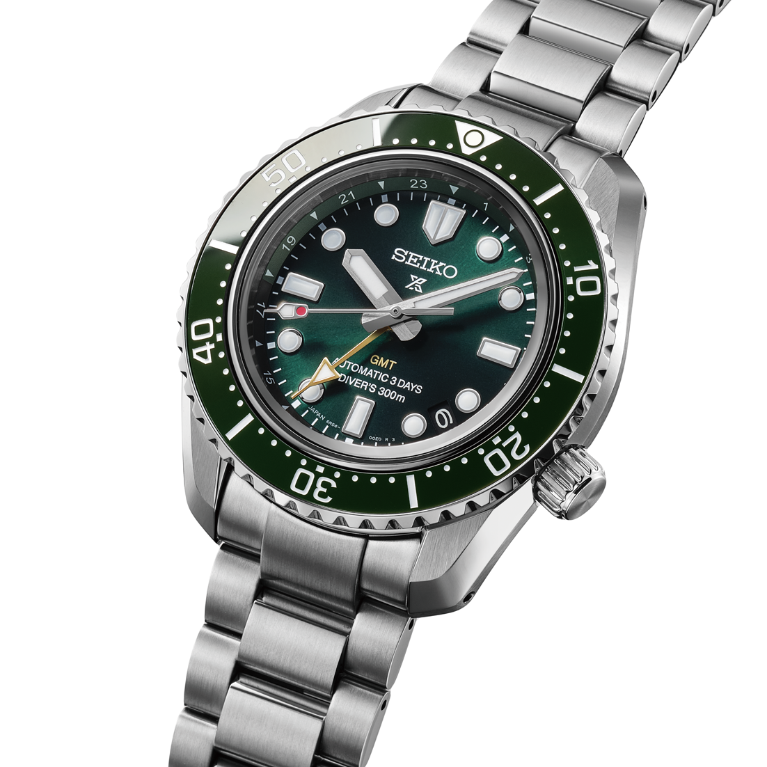 Seiko Prospex HBC001J1 1968 Heritage Diver’s GMT med automatisk kaliber 6R54, safirglas, keramisk krans, stållænke og 300 meter vandtæthed.