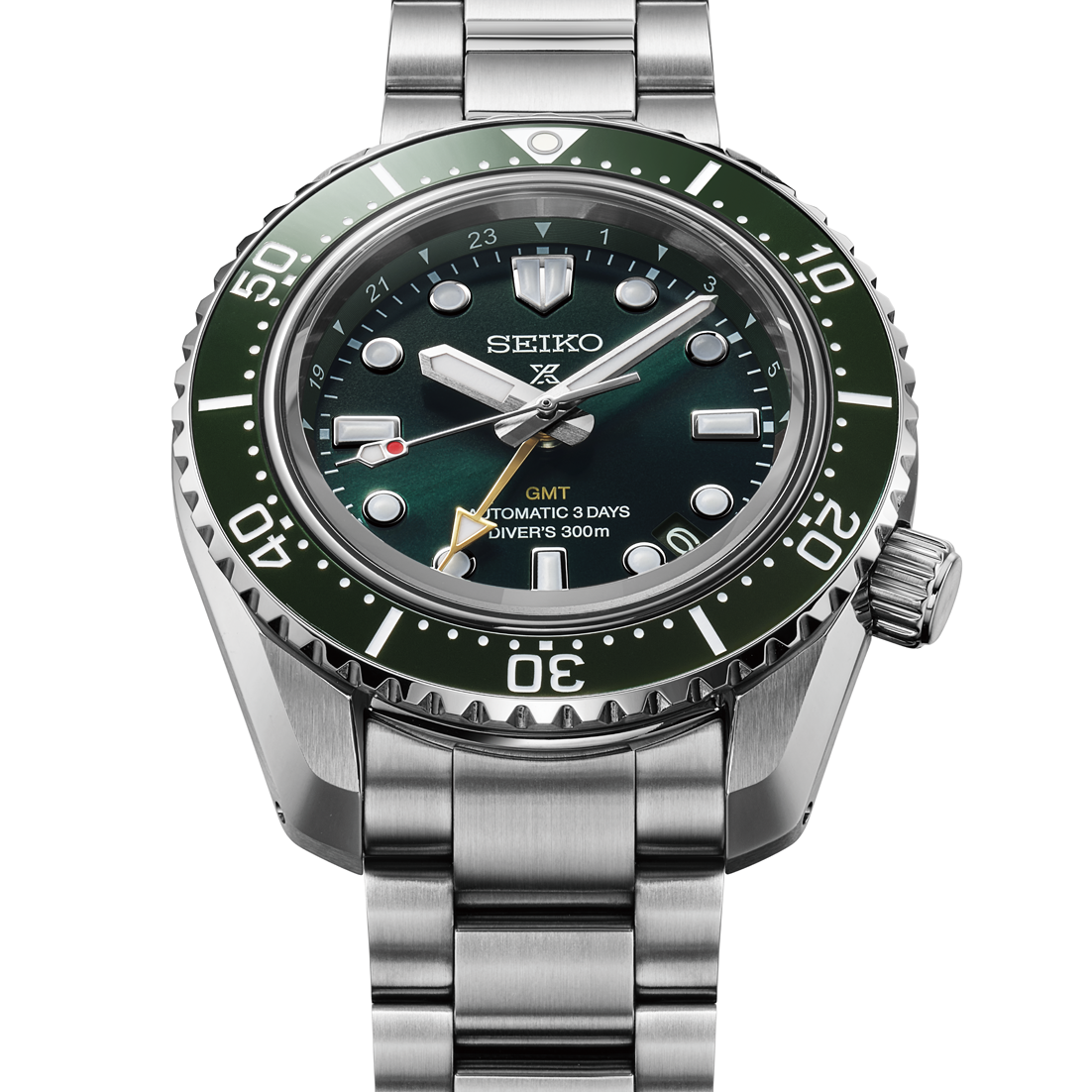 Seiko Prospex HBC001J1 1968 Heritage Diver’s GMT med automatisk kaliber 6R54, safirglas, keramisk krans, stållænke og 300 meter vandtæthed.
