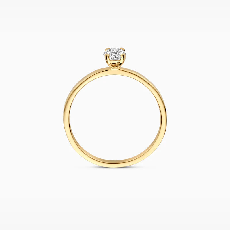 Blush ring LG1019Y set fra siden med slank ringskinne i 14 kt gult guld