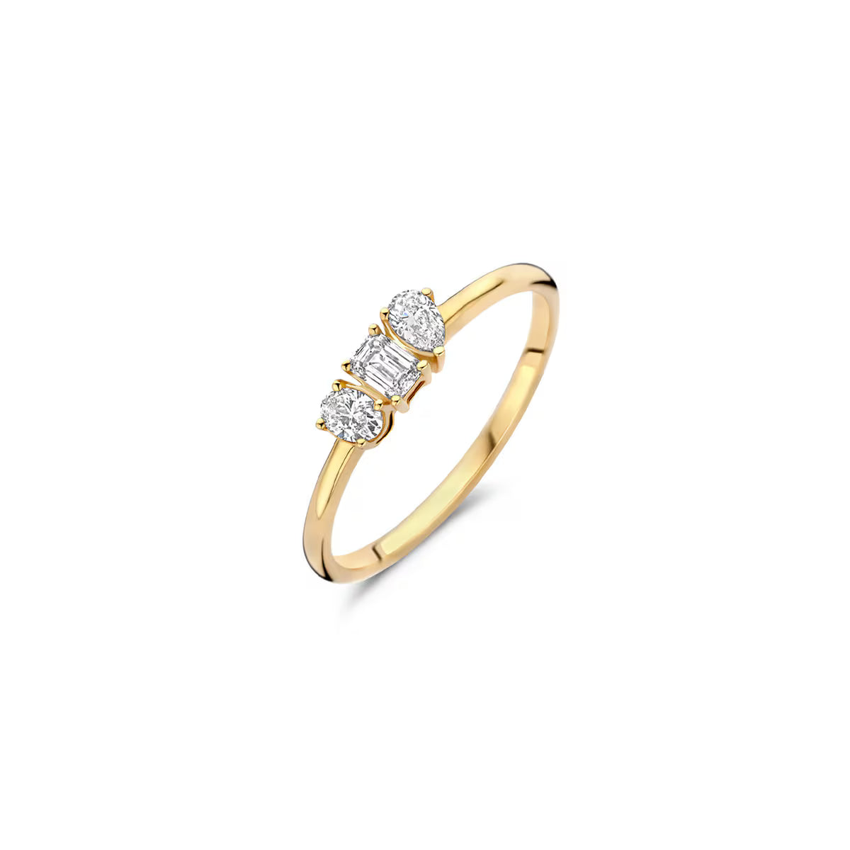 Blush ring i 14 kt guld med 0,15 ct baguette-slibet diamant og 2 x 0,10 ct labgrown diamanter – elegant og unik
