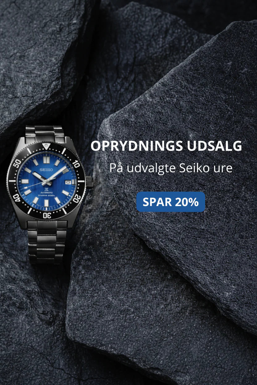 Seiko Prospex dykkerur med blå skive og sort stållænke fotograferet mellem mørke sten.