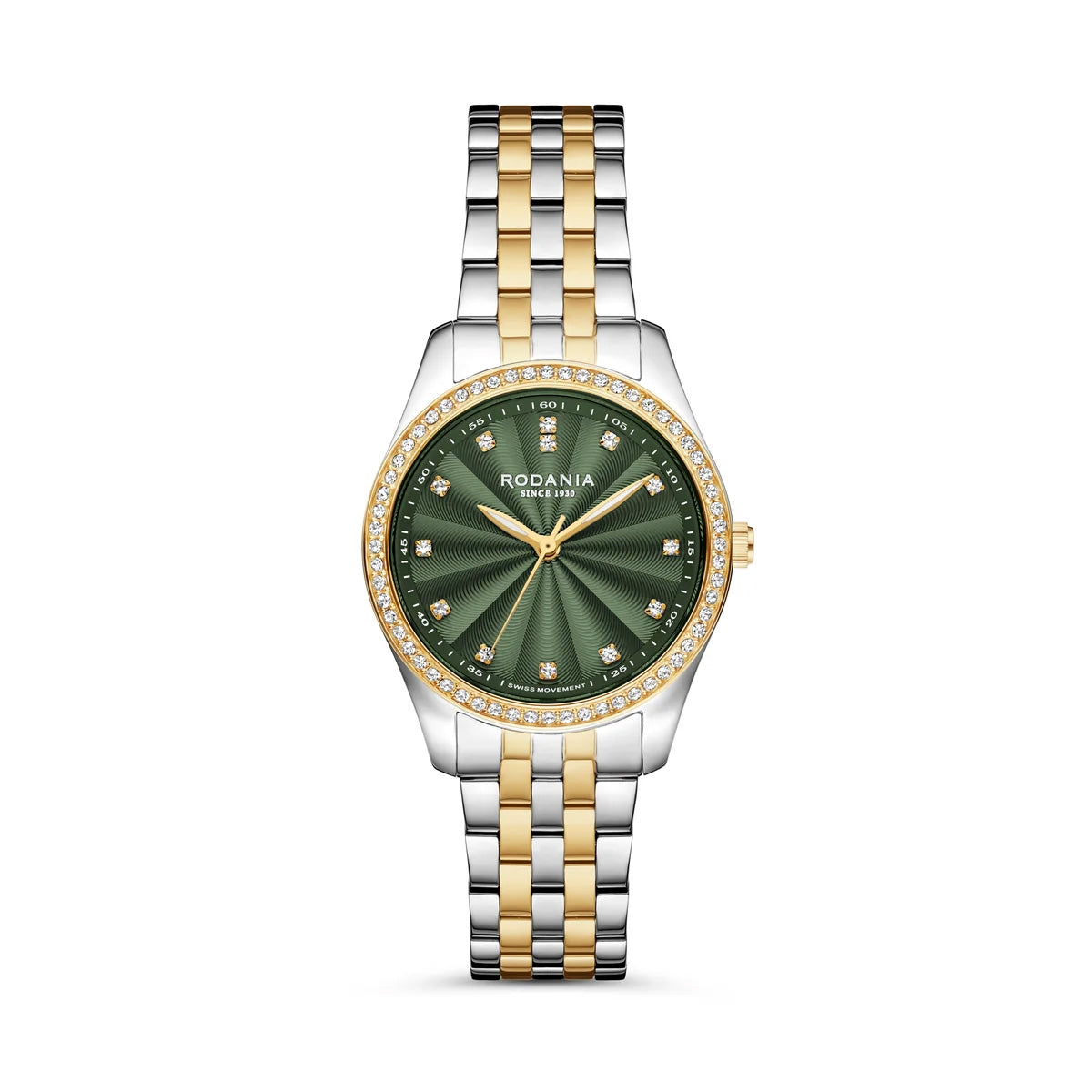 Rodania Gstaad R11045 dameur i bi-color rustfrit stål med rund 32 mm sunray urskive, safirglas og elegant stållænke.