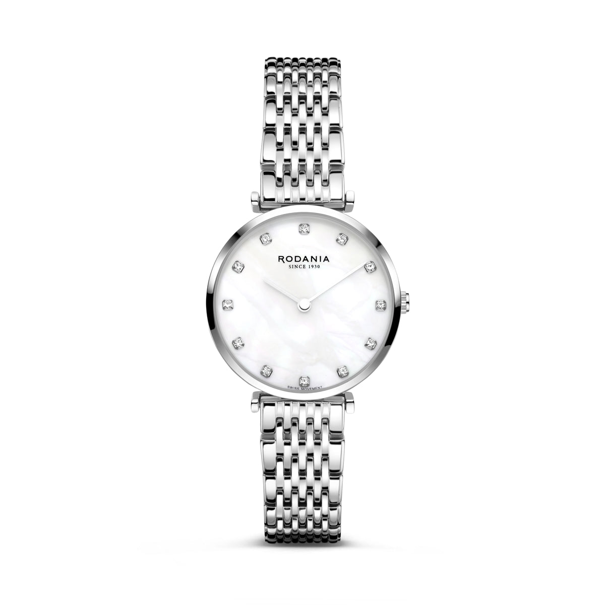 Rodania Lugano Classic Sparkle R14026 dameur i sølvfarvet rustfrit stål med perlemorsskive, CZ-sten, rund 30 mm urkasse og safirglas.