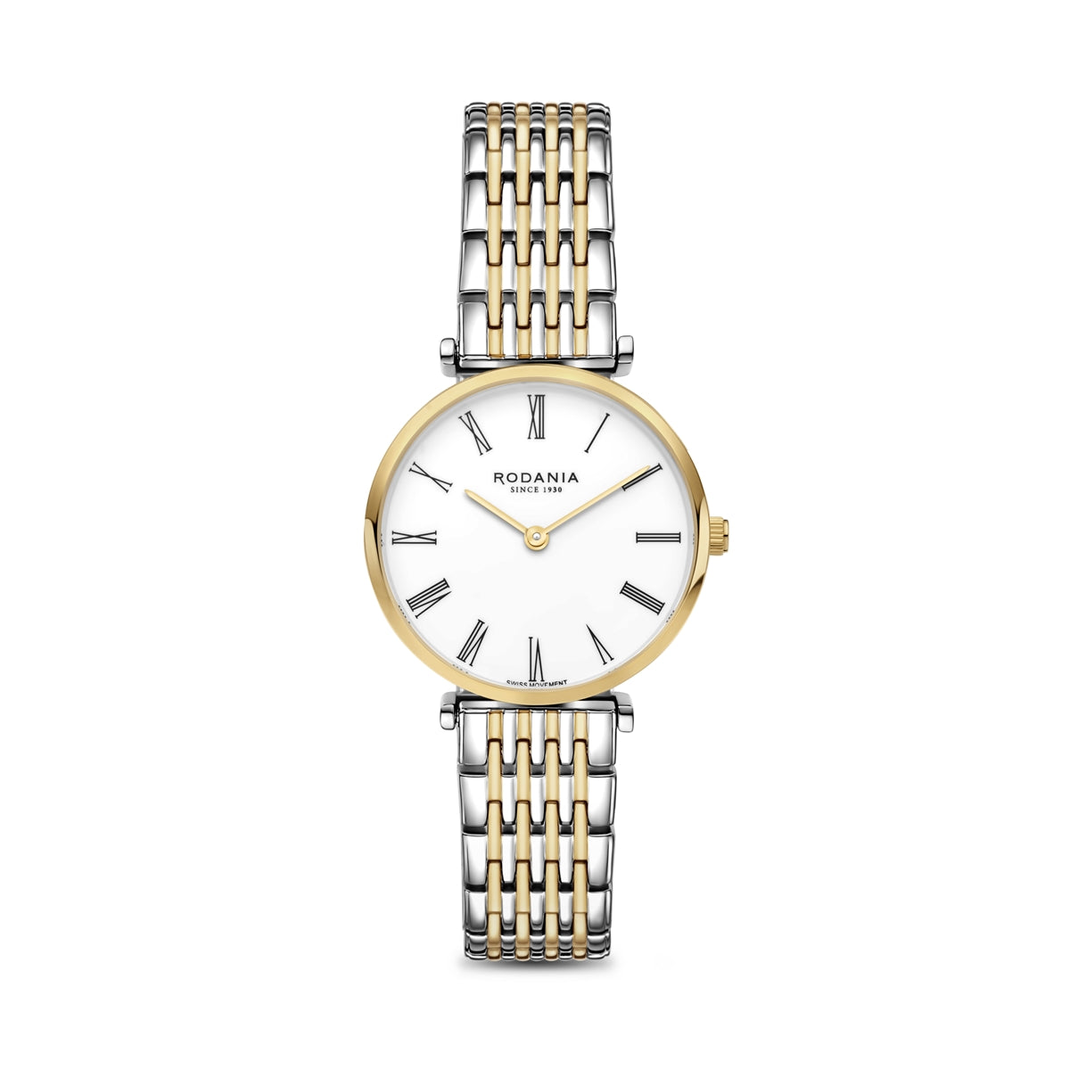 Rodania Lugano Classic R14033 dameur i guldfarvet rustfrit stål med rund 30 mm urkasse, romertal-inspireret urskive og safirglas.