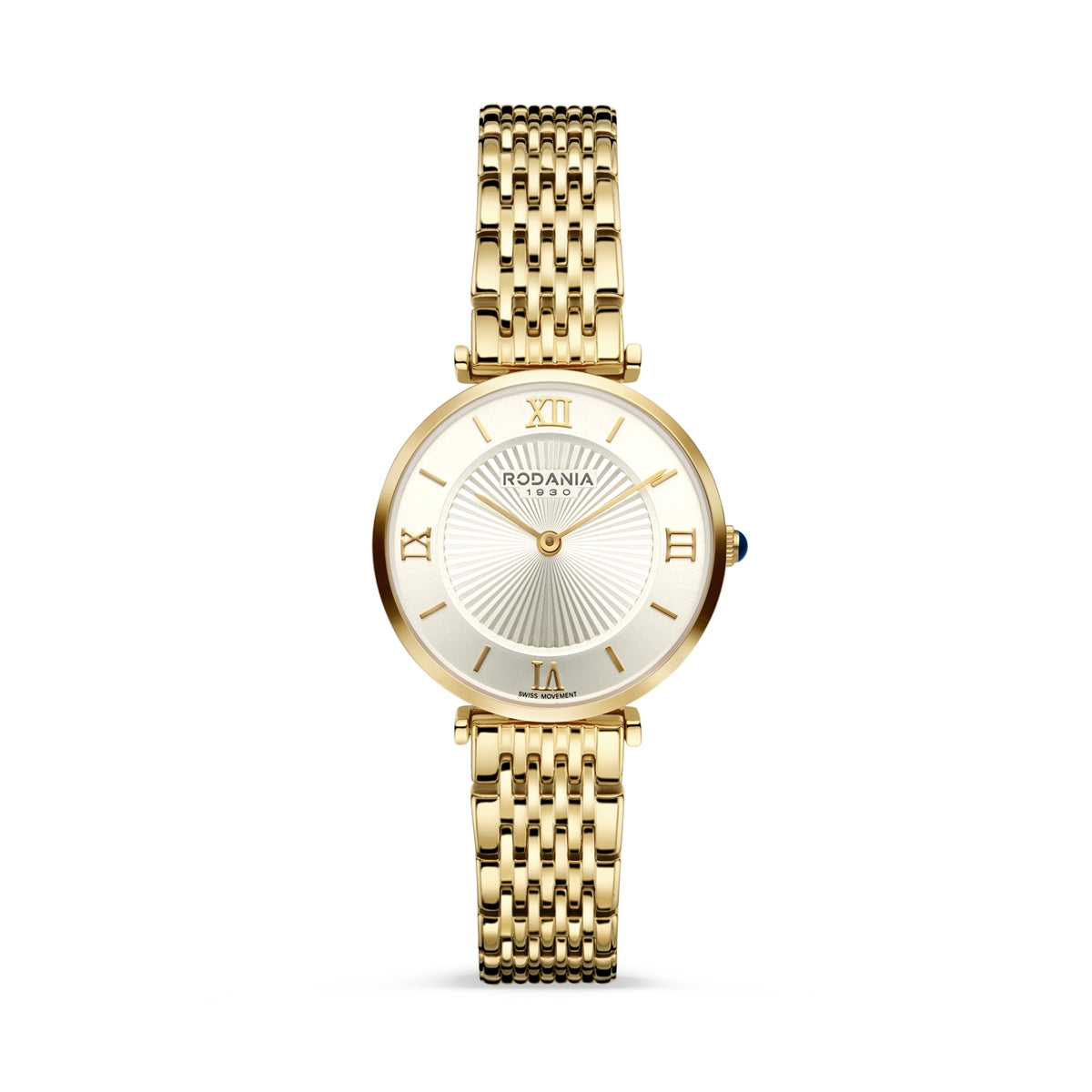 Rodania Lugano Elegance 30 R14039 dameur med guldfarvet stållænke, rund urkasse, safirglas og klassisk feminin urskive.
