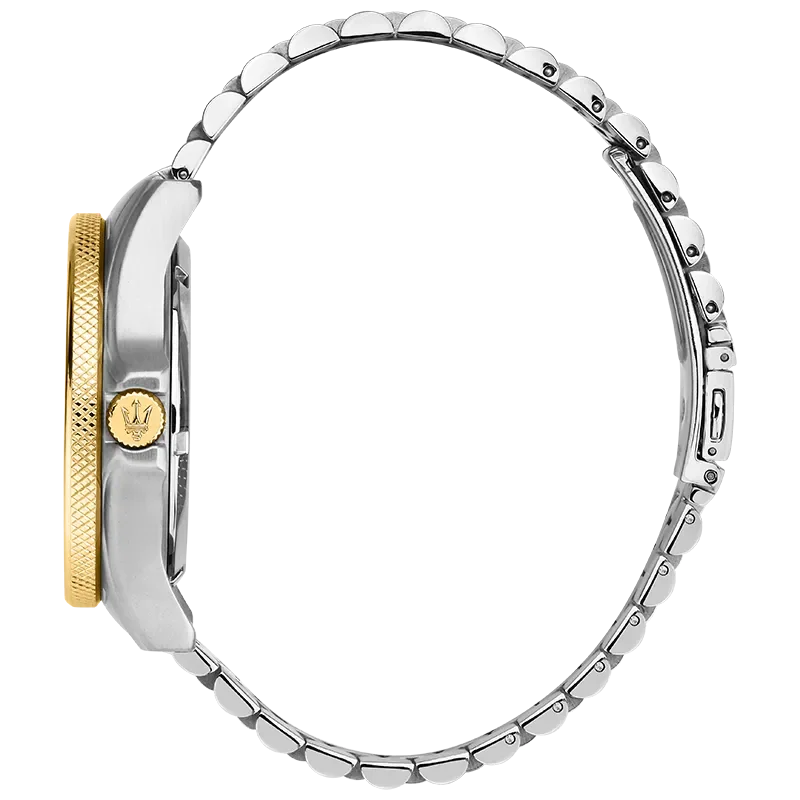 Sideprofil af Maserati Sfida R8823140010 med tofarvet stållænke og guldfarvet krone