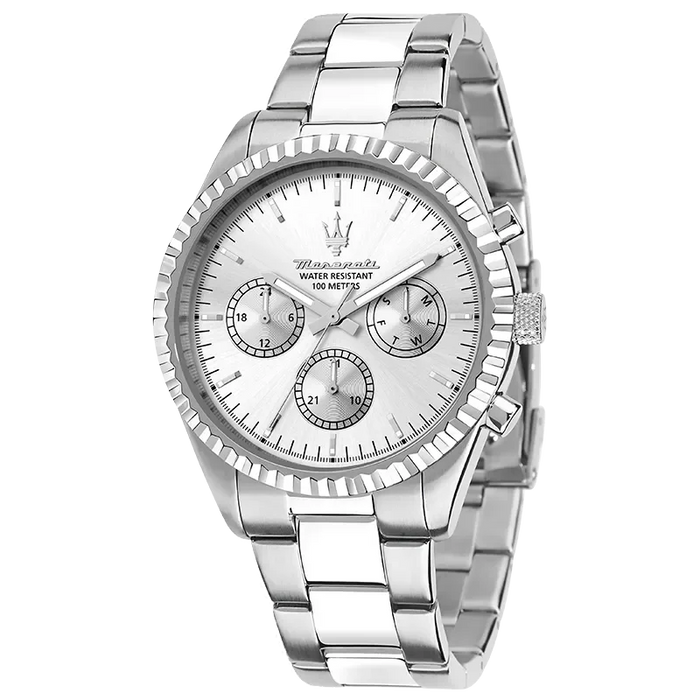 Maserati Competizione R8853100041 herreur med sølvfarvet skive og stållænke set forfra