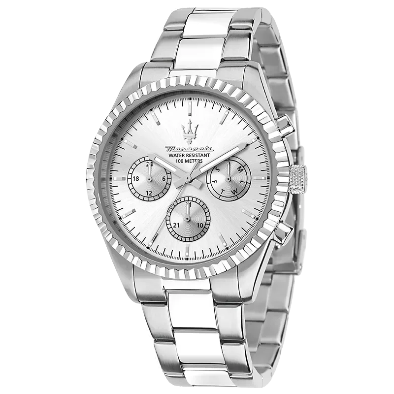 Maserati Competizione R8853100041 herreur med sølvfarvet skive og stållænke set forfra