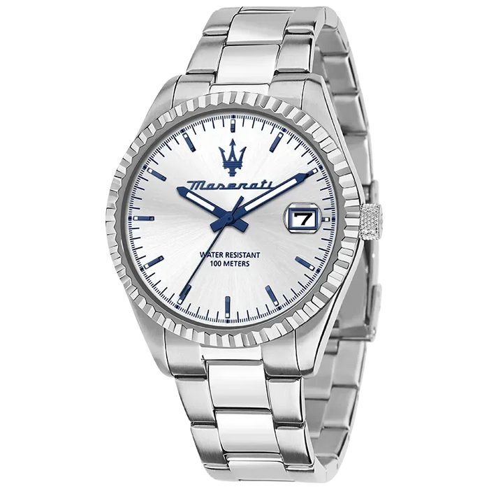 Maserati Competizione R8853100045 herreur med sølvfarvet skive, blå detaljer og stållænke set forfra