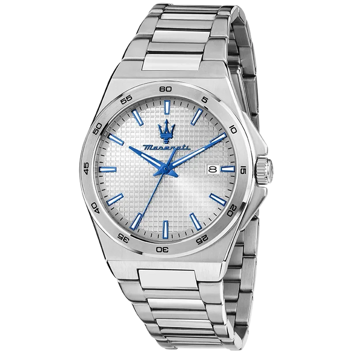 Maserati Velocità Slim R8853153006 herreur med hvid skive, blå detaljer og stållænke set forfra