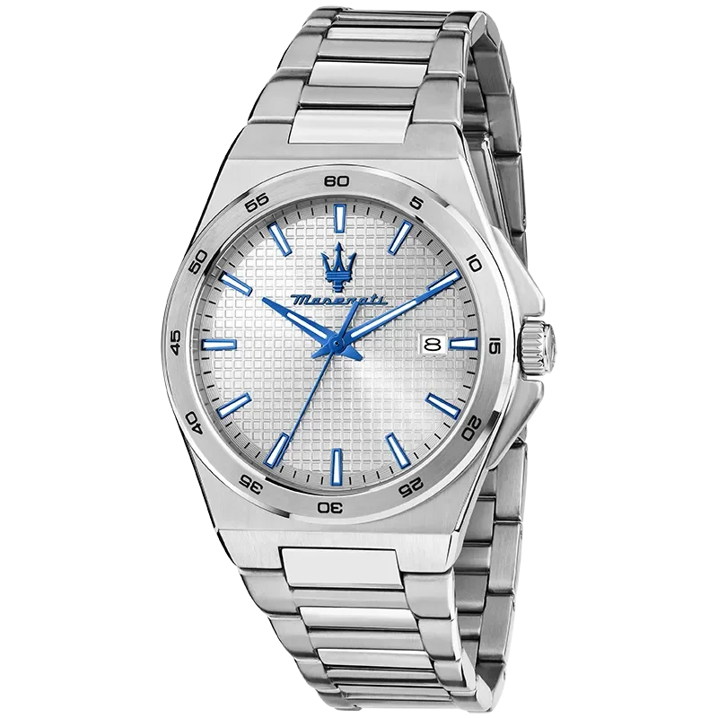 Maserati Velocità Slim R8853153006 herreur med hvid skive, blå detaljer og stållænke set forfra