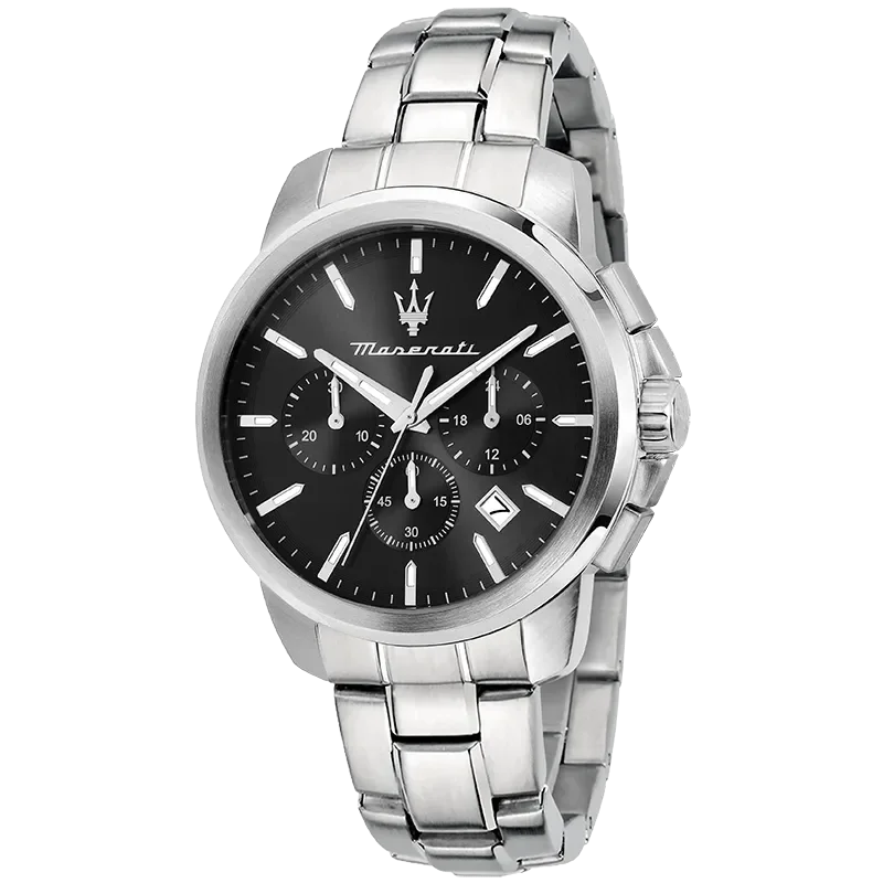 Maserati Successo R8873621046 herreur med sort skive og stållænke set forfra