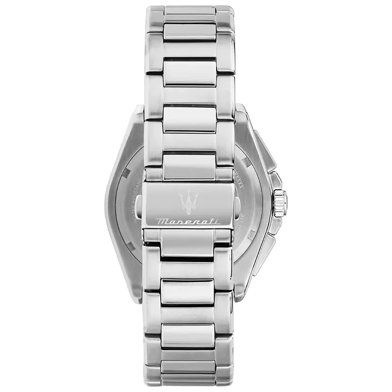 Bagside af Maserati Velocità R8873652014 med stållænke og Maserati-logo på spændet