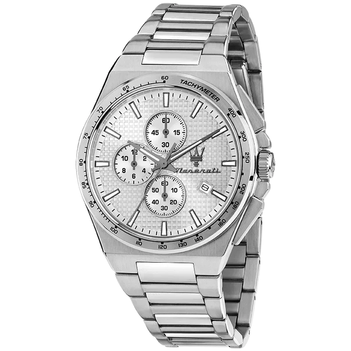 Maserati Velocità Slim R8873653005 herreur med hvid skive og stållænke set forfra