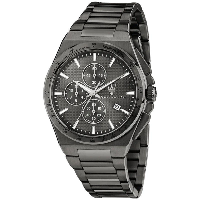 Maserati Velocità Slim R8873653006 herreur med sort skive og mørk stållænke set forfra