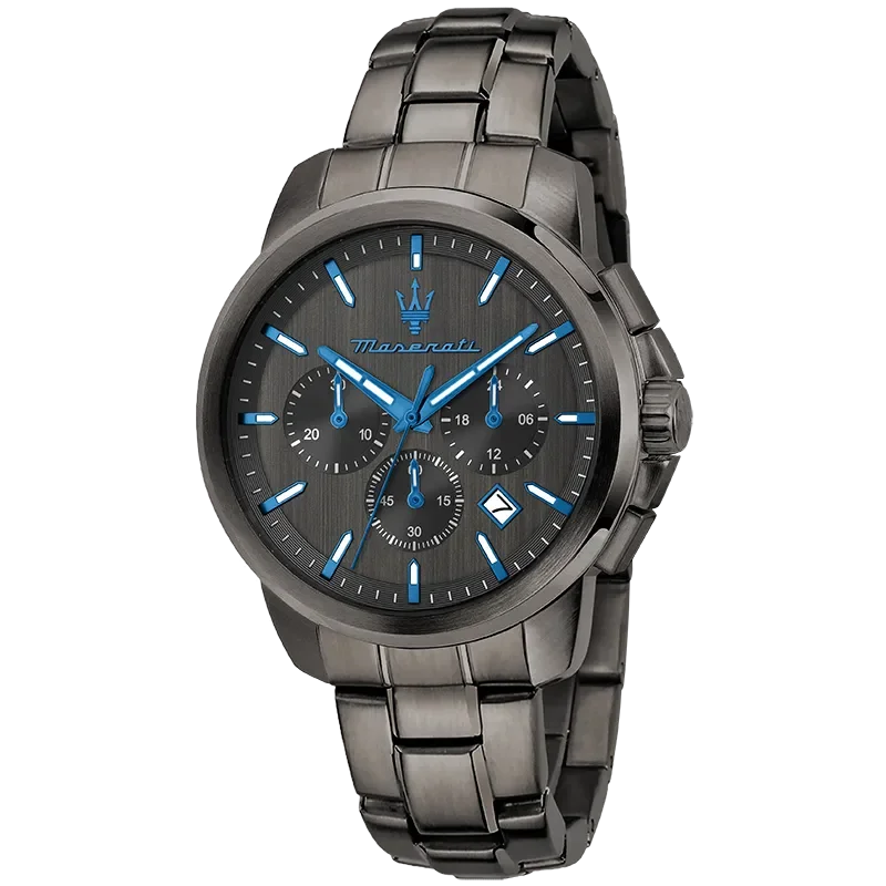 Maserati Successo Dark Edition herreur i mørkt stål med sort skive og blå detaljer