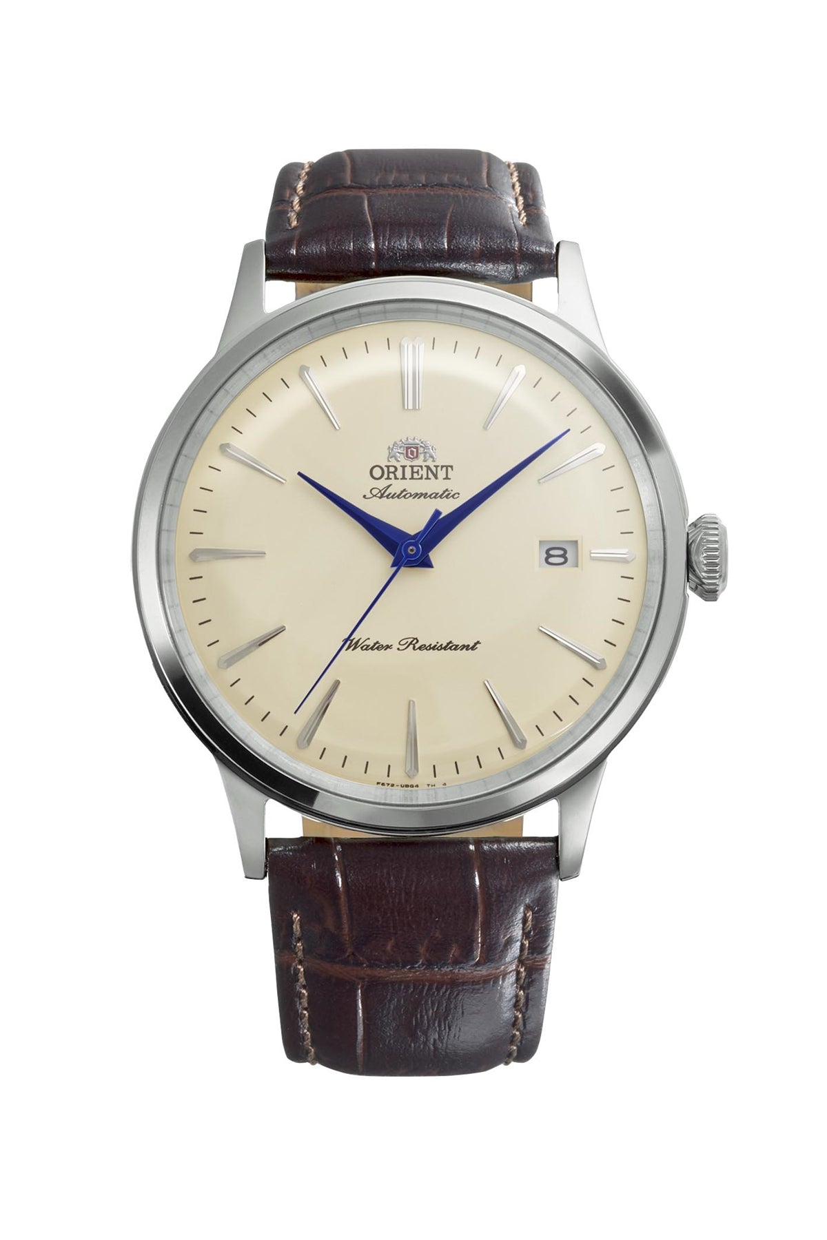 Orient Bambino RA-AC0033Y automatisk ur med ivory urskive, blå visere og brun læderrem