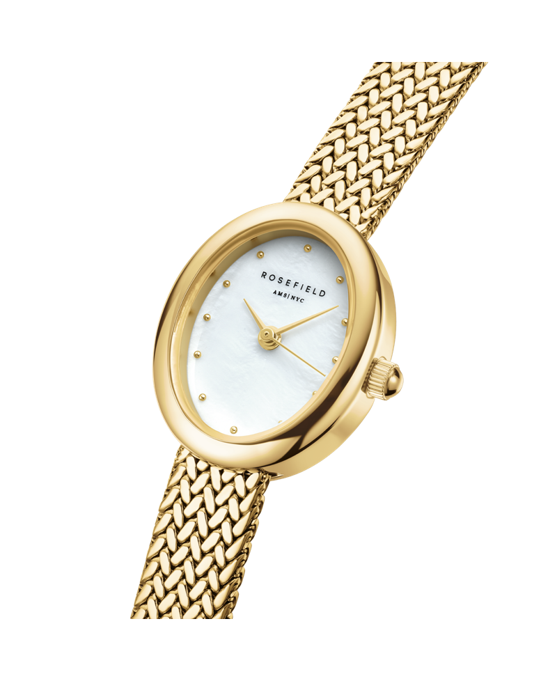 Rosefield Mini's MWGMG-M02 vist fra siden med guldfarvet urkasse, perlemorsskive og elegant stållænke