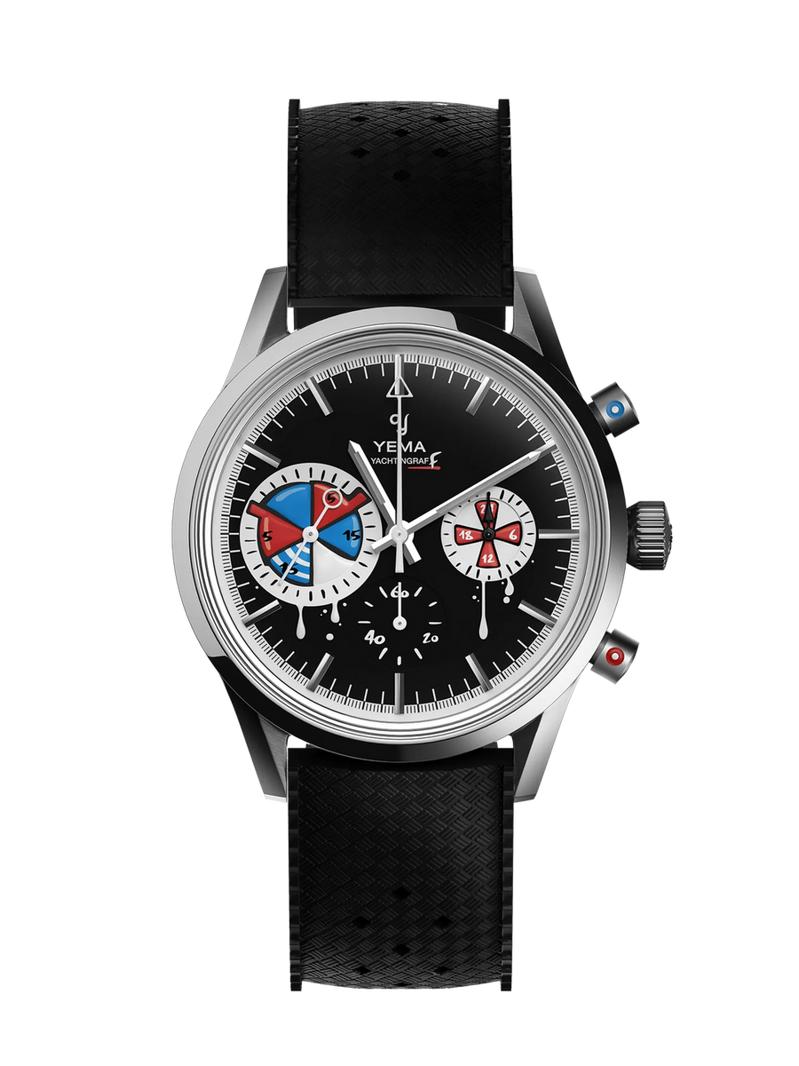 YEMA Rallygraf Meca-Quartz Reverse Panda kronograf med sort urskive og kontrastfyldte subdials