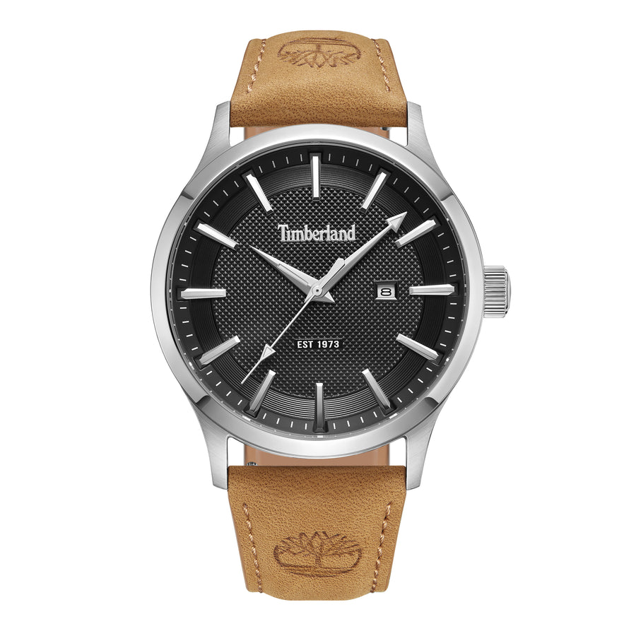 Timberland Trumbull TDWGB0041003 herreur med sort skive, brun rem og stålfarvet urkasse set forfra