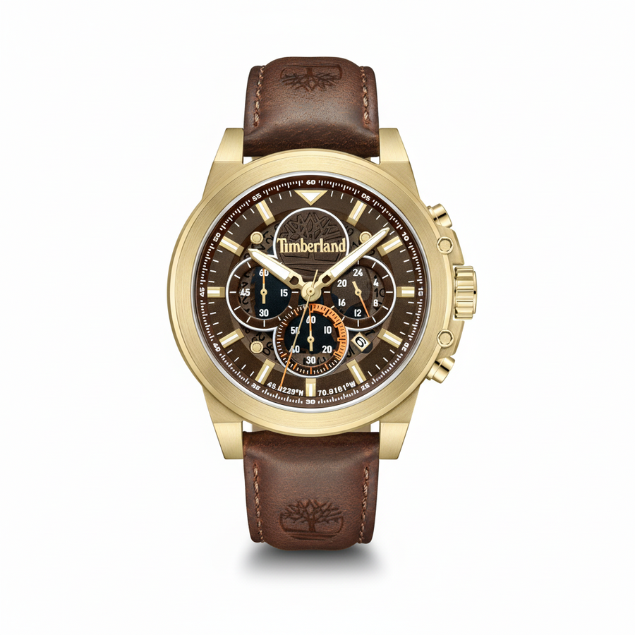 Timberland Fast Strike TDWGB0056002 herreur med brun skive, brun læderrem og guldfarvet urkasse set forfra