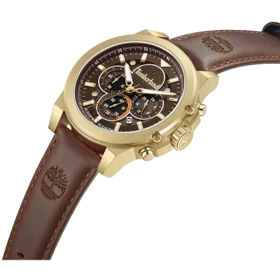 Timberland Fast Strike TDWGB0056002 herreur i skrå vinkel med brun skive, brun læderrem og guldfarvet urkasse