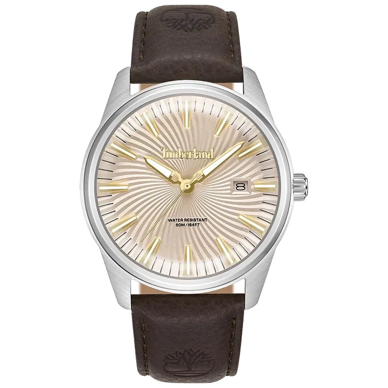Timberland Birch Road TDWGB0083102 herreur med champagnefarvet skive, brun rem og stålfarvet urkasse set forfra