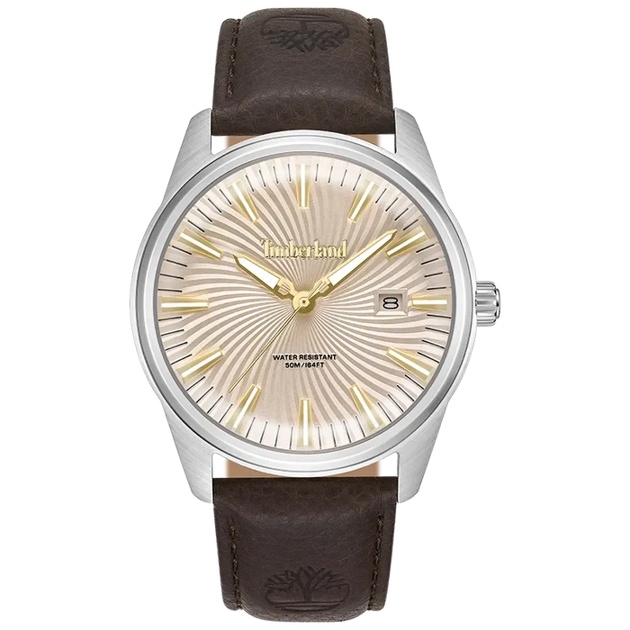 Timberland Birch Road TDWGB0083102 herreur med champagnefarvet skive, brun rem og stålfarvet urkasse set forfra