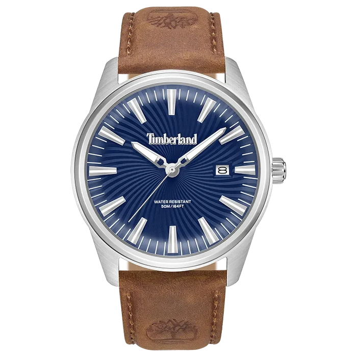 Timberland Birch Road TDWGB0083103 herreur med blå skive, brun rem og stålfarvet urkasse set forfra