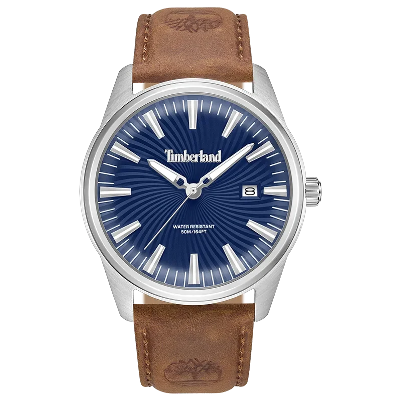 Timberland Birch Road TDWGB0083103 herreur med blå skive, brun rem og stålfarvet urkasse set forfra