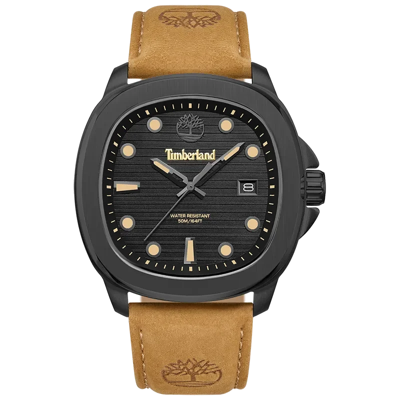 Timberland Greenough TDWGB0083302 herreur med sort skive, lys brun rem og mørk urkasse set forfra