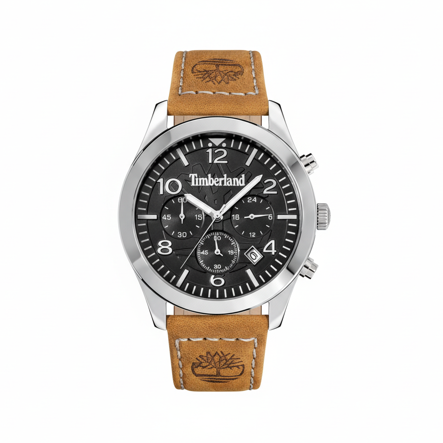 Timberland Killington Park TDWGC0068803 herreur med sort skive, brun læderrem og stålfarvet urkasse set forfra