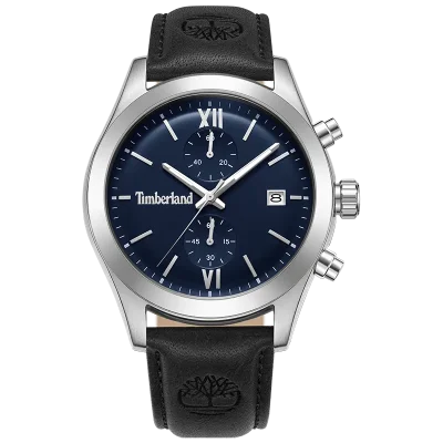 Timberland Ripgorge TDWGC0075203 herreur med blå skive, sort læderrem og stålfarvet urkasse set forfra