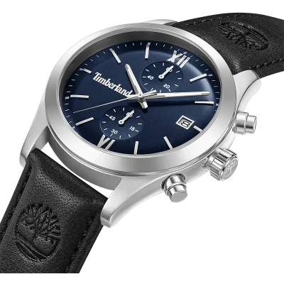 Timberland Ripgorge TDWGC0075203 herreur i skrå vinkel med blå skive, sort læderrem og stålfarvet urkasse