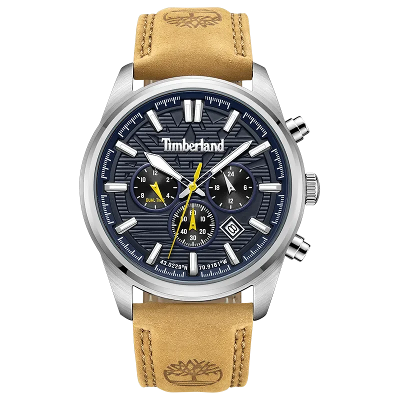 Timberland Northbridge TDWGF0009602 herreur med blå skive, lys brun rem og stålfarvet urkasse set forfra